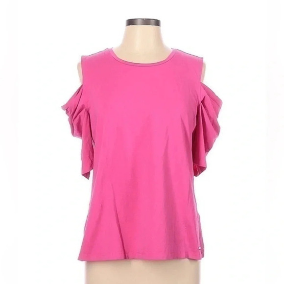 DKNY | Pink Open Cold Shoulders Ruffle Short Sleeve Top Size Large L - Picture 1 of 2